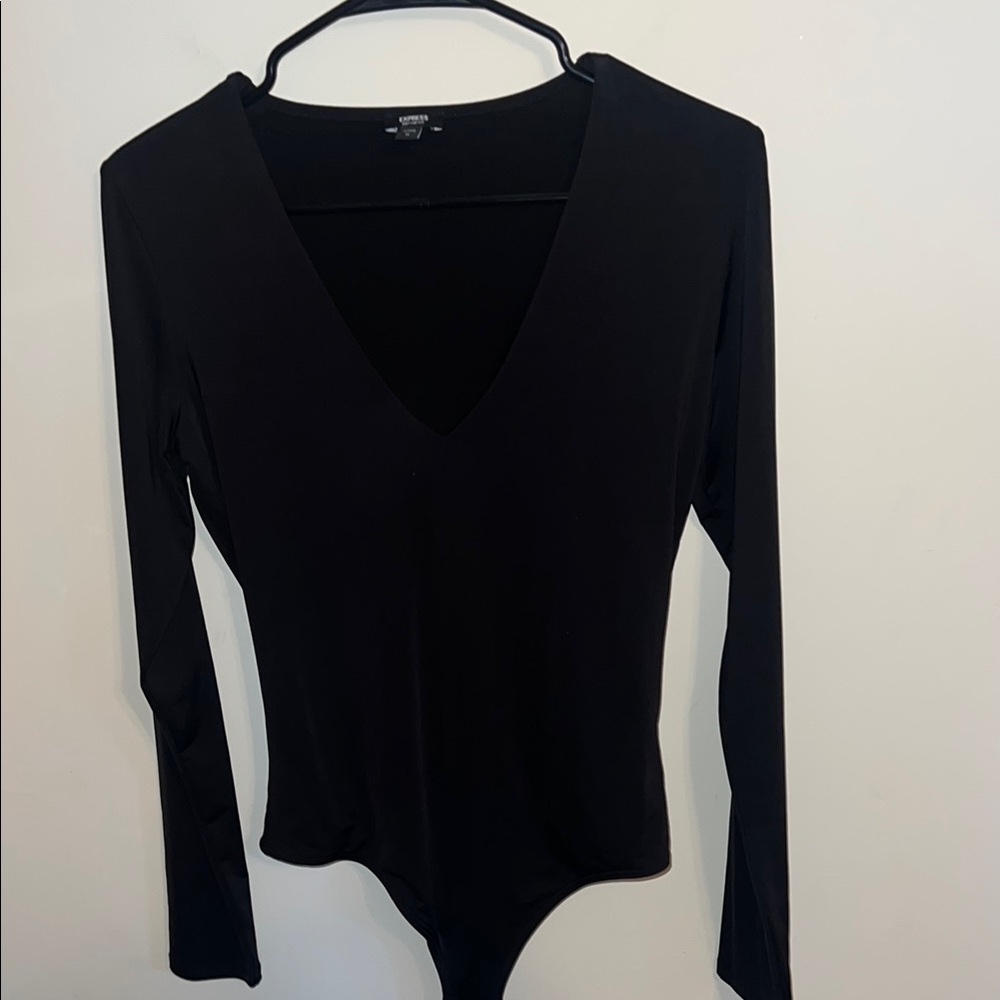 Express Black Long Sleeve Deep-V Body Con Bodysuit
